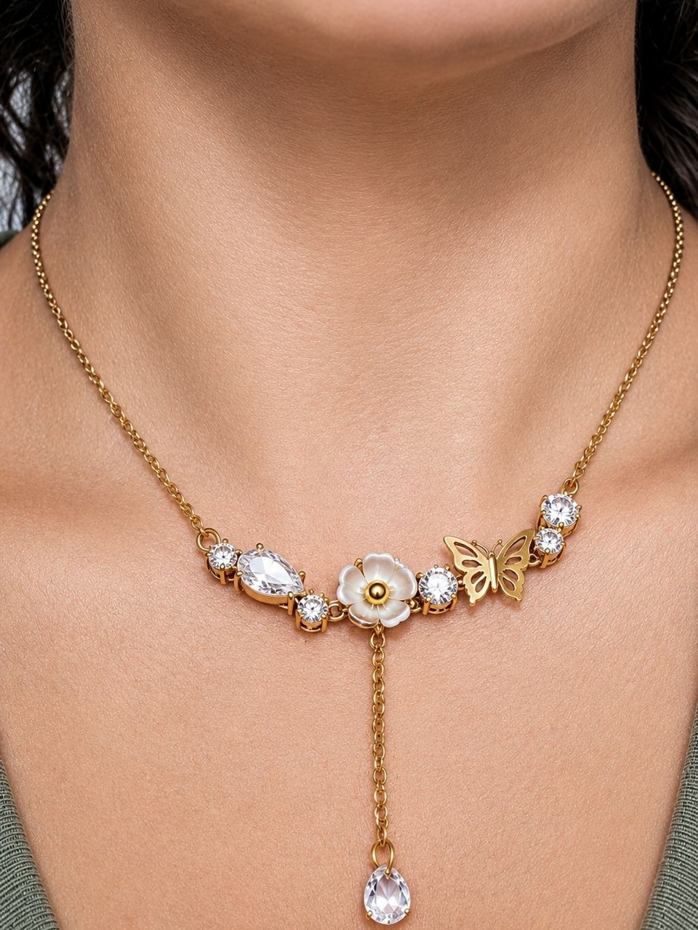Gold Floral & Butterfly Drop Necklace with White Accents